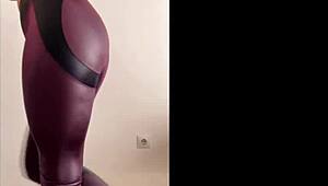 Young athletic brunette teen feels thrill teasing panties leggings.