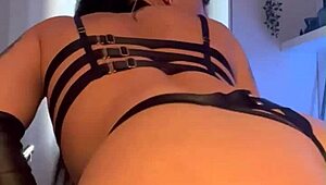 Tattooed Brunette Dances in Leather Then Cums on Dildo!