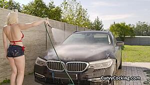 Hey, soapy car wash turns into blonde teen's big cock titty reward!