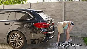 Hey, soapy car wash turns into blonde teen's big cock titty reward!