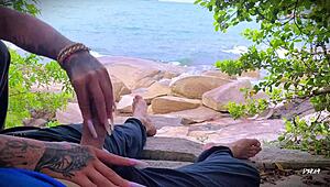 wanna see this horny african amateur's handjob explode on the beach??