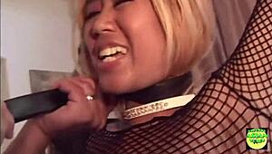 Asian blonde stockings slut bent over bed for hardcore doggy anal creampie