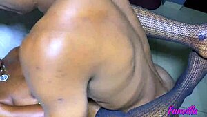 ebony girlfriend strips oiled panties in bedroom for close-up dick ride