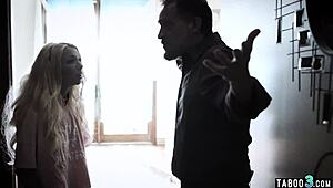Petite tattooed teen thief 18+ gets roughly punished fucked by perv stepdad burglar style.
