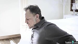Petite tattooed teen thief 18+ gets roughly punished fucked by perv stepdad burglar style.