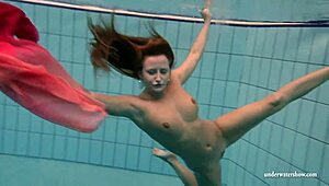 big tits silvie swims poolside flashing hairy beaver pussy