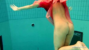 big tits silvie swims poolside flashing hairy beaver pussy