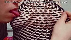 Stepbrother sucks my tits hard licking biting nipples close up