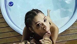 Petite tanned latina babe rides cock poolside in brazil shaking her big ass and small tits