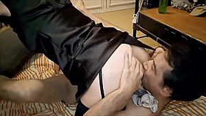 Clothed French slut in black satin dress corset takes doggystyle pounding blowjob rimjob pov