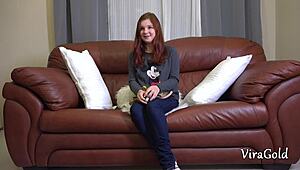 redhead cutie in first anal casting fingers ass rimjob then takes doggystyle cum on skinny tits