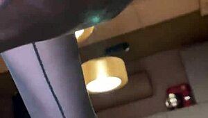 goddess spreads long nylon legs on desk teasing toes and big ass close up