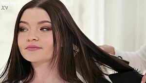 Hot blonde hairdresser candee licious seduces virgin with glass dildo in salon