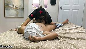busty nurse gives oiled massage then fucks horny patient hard