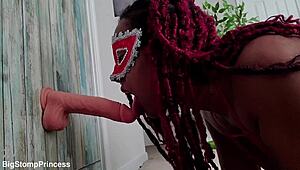 hot ebony wife spreads big pussy lips on thrusting dildo machine. she moans legs wide shaved clit pierced