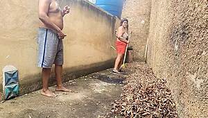 Brazilian bbw milf mommy gets backyard pounding by daddy while nosy neighbors spy the huge tits bounce.