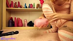 kawaii blonde plays with big dildo and silicone