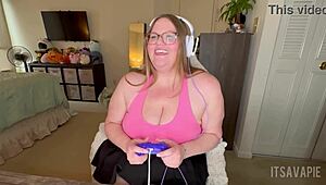 Nerdy gamer girl takes cum covered dare with dildo striptease and squirting