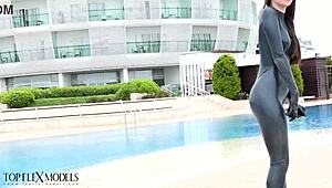 latex flexi doll shows off outdoors