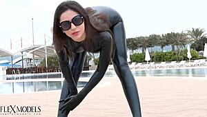 latex flexi doll shows off outdoors