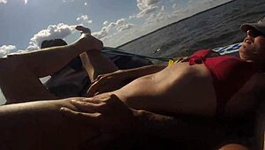 hot athletic couple have sex on a jetski in lake