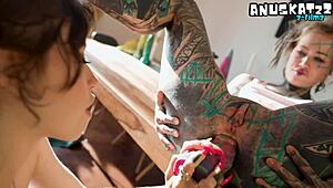 goth tattooed lesbians stretch ass with dildo
