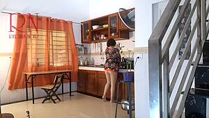 housewife in pantyhose got naked and came while cooking