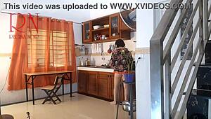 housewife in pantyhose got naked and came while cooking