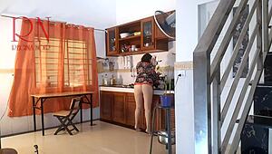 housewife in pantyhose got naked and came while cooking