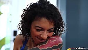 Big tit ebony handles two thick black cocks at once