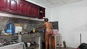 my friends tall sister prepares dinner while looking submissive
