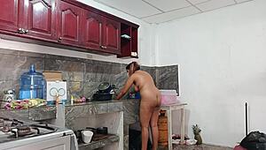 my friends tall sister prepares dinner while looking submissive