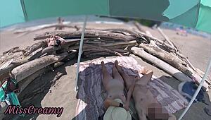 2 exhibitionist wife outdoor amateur milf handjob big cock on nudity beach public in front of voyeur with cumshot - misscreamy