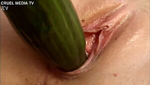 Sexy blonde Gina masturbates her tight pussy using fruits!