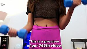 Petite babe shows puffy cameltoe in tight magenta shorts