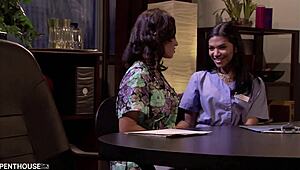 penthousegold com - luscious latinas emy reyes and lana lopez share pink dildo at work