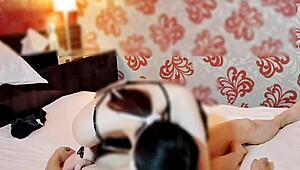 asian wife in gold black lingerie rides and sucks