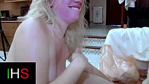 Threesome with double penetration for cute blonde slut