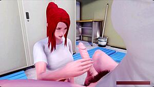 Liz gives sloppy handjob in locker room