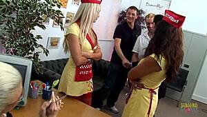 Three horny milfs beg for anal and get fucked hard by friends