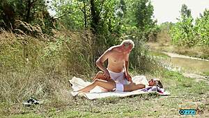 loving couple enjoys outdoor oral fun