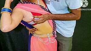 Submissive wife teasing her servant with blowjob and fucked after removing saree