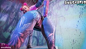 tattooed girl does solo double penetration with toys and atm