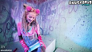 tattooed girl does solo double penetration with toys and atm