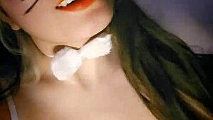 beautiful lunitarabbit in bunny cosplay gives blowjob and cum on face