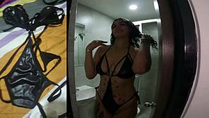 big tits girl shakes ass in bedroom wearing black lingerie bikini