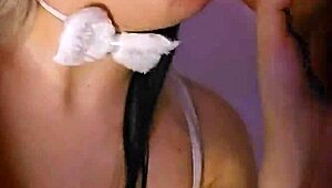 beautiful lunitarabbit in bunny cosplay gives blowjob and cum on face