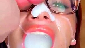 busty glasses cumslut takes bukkake load