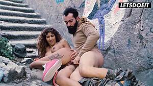 Tattooed Latina Fucked Raw On Concrete Stairs Naked In Pink Sneakers