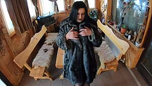 ELEGANT FUR COATED SLUT FUCKED ON WOODEN TABLE. COVERED IN CUM TWICE